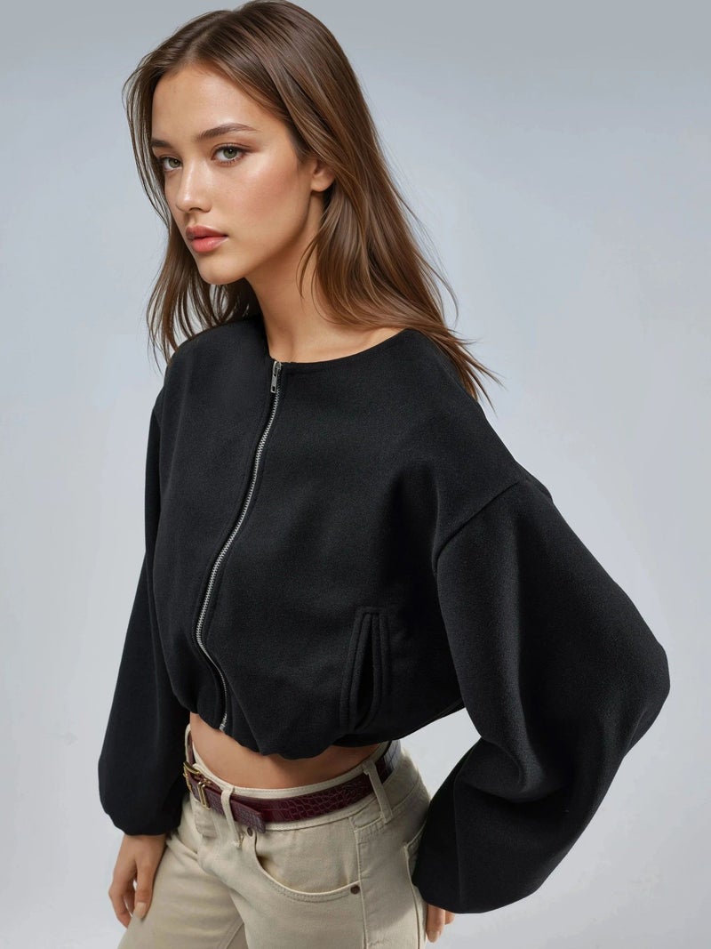 BUSEM Crop Gabardine Jacket with Zipper and Pocket - Image 3